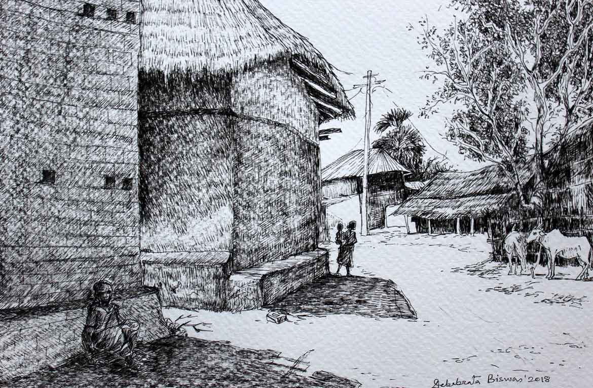 Pencil sketch: Northeastern India Villagescape – pencilandcanvas