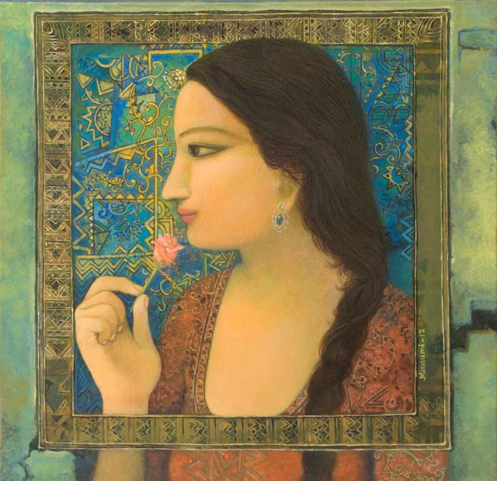 Painting on canvas of woman with flower