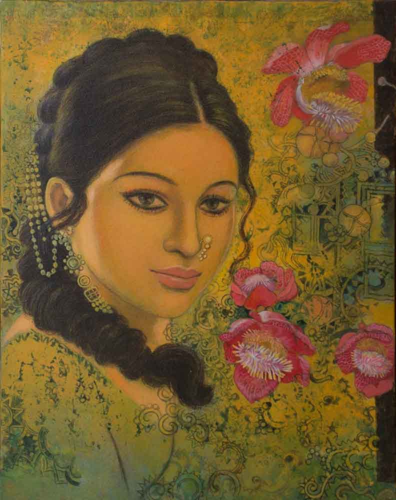 Painting on canvas of a woman with flowers