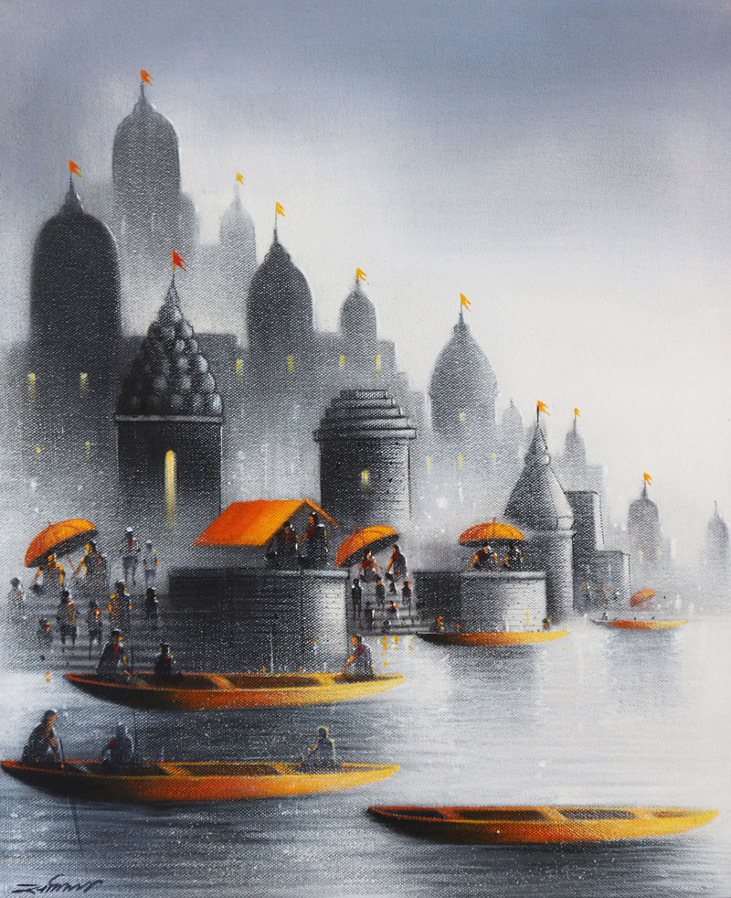 Painting of Benaras with charcoal and acrylic on canvas