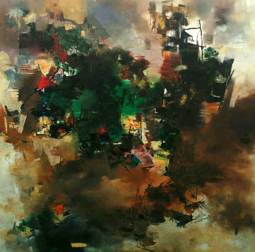 Abstract style Benaras with oil on canvas