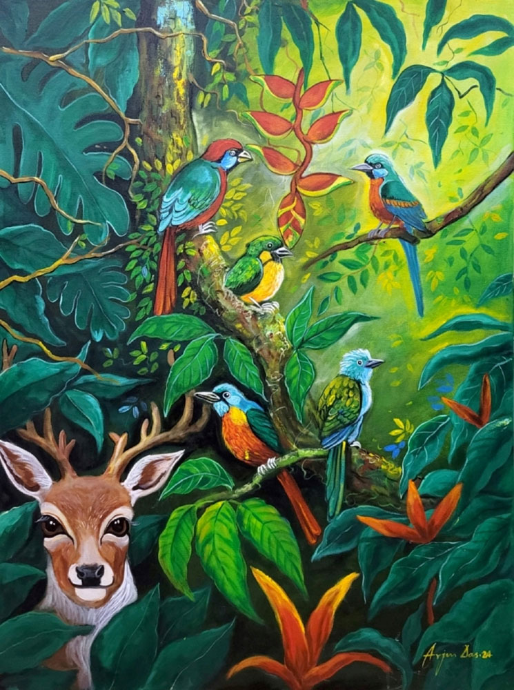 Painting of flora and fauna on canvas