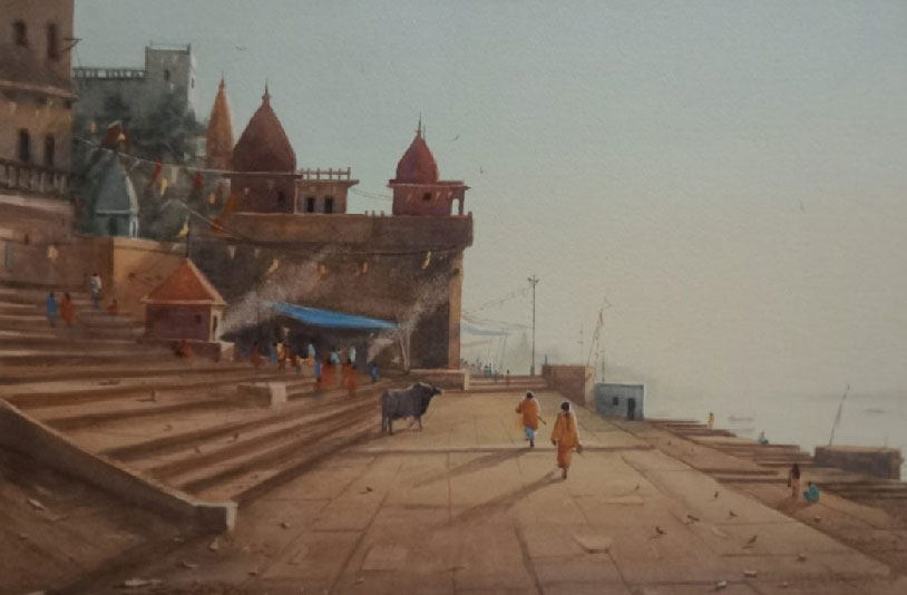 Painting of Benaras with watercolour on paper