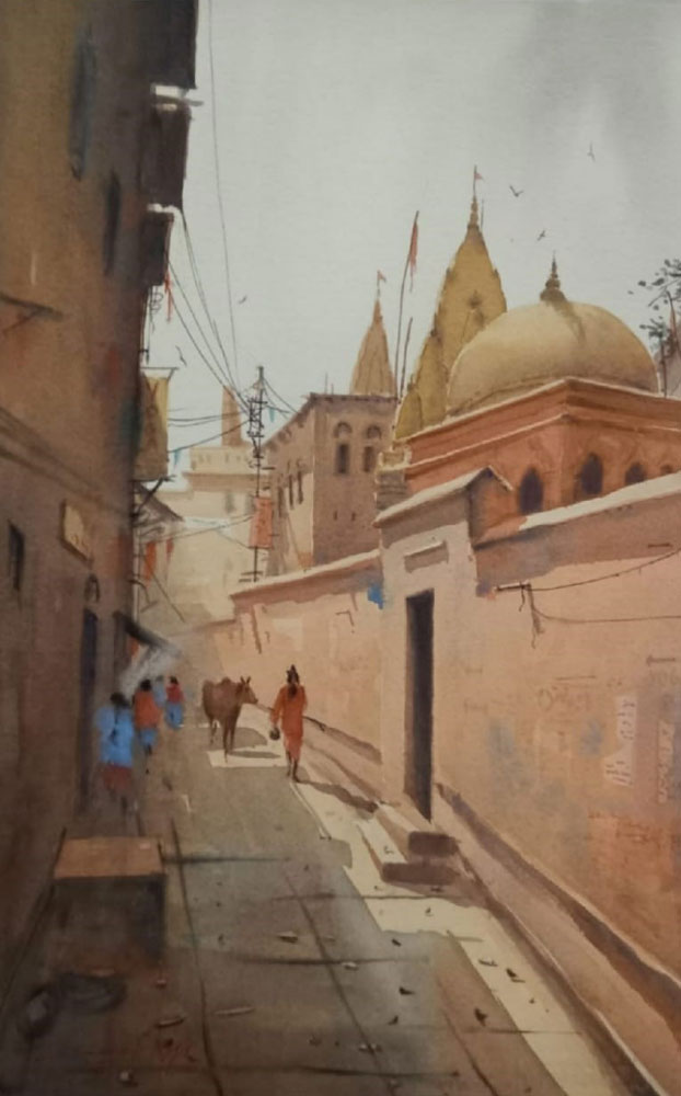 Painting of Benaras with watercolour on paper