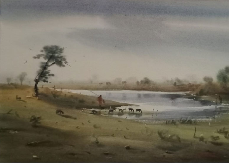 Painting of landscape with watercolour on paper