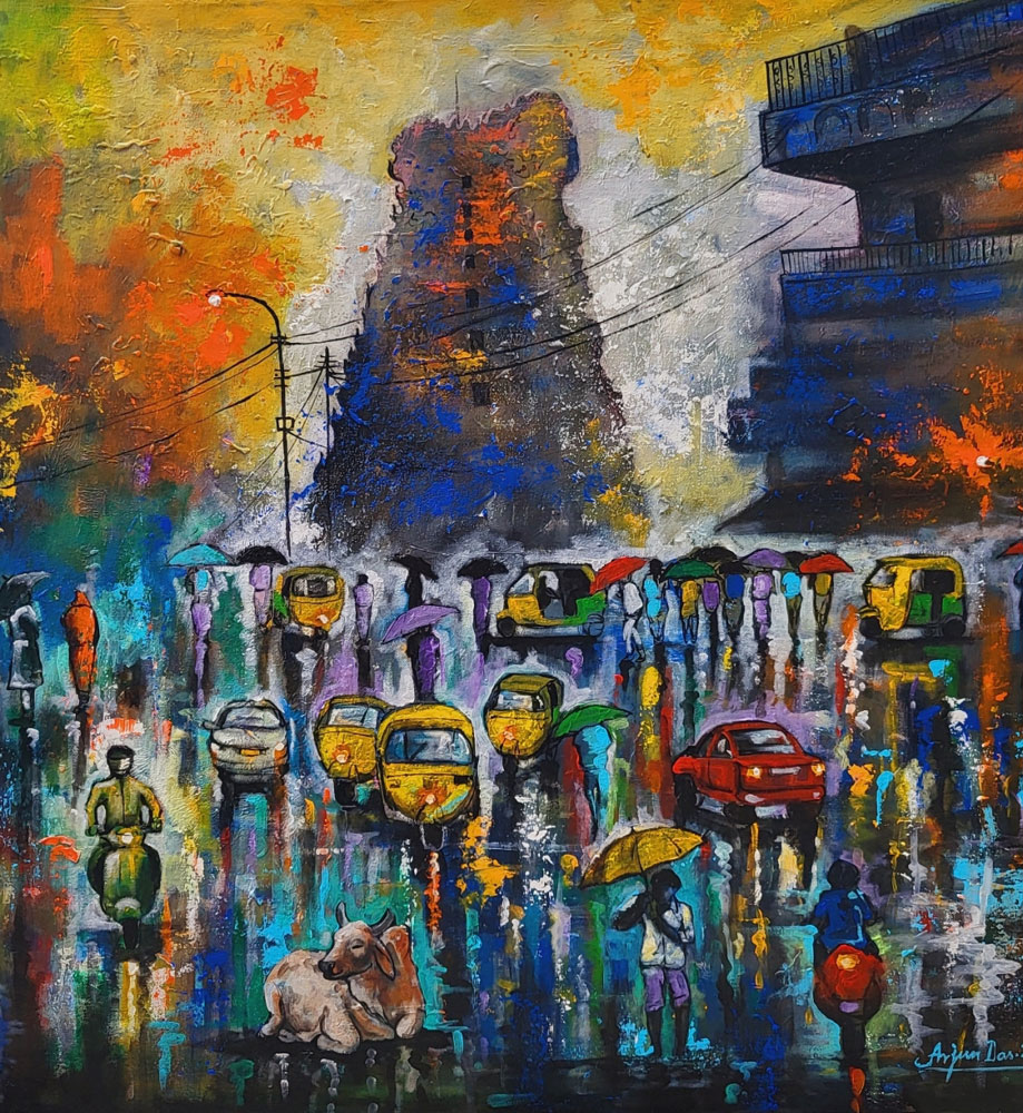 Painting of rainy day in a city on canvas