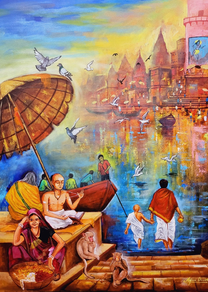 Painting of Varanasi Ghat on canvas