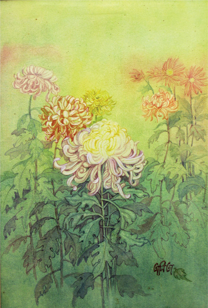 Painting of flowers with watercolour wash on paper