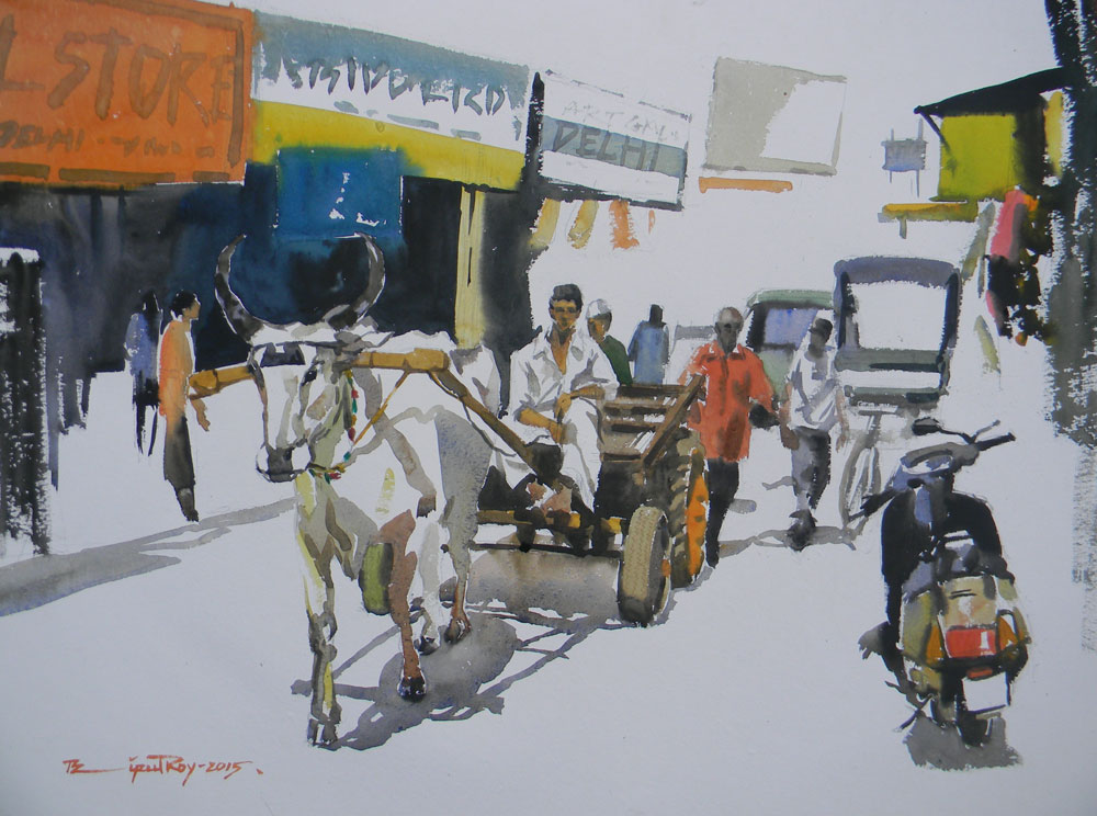 Painting of Delhi road with watercolour on paper