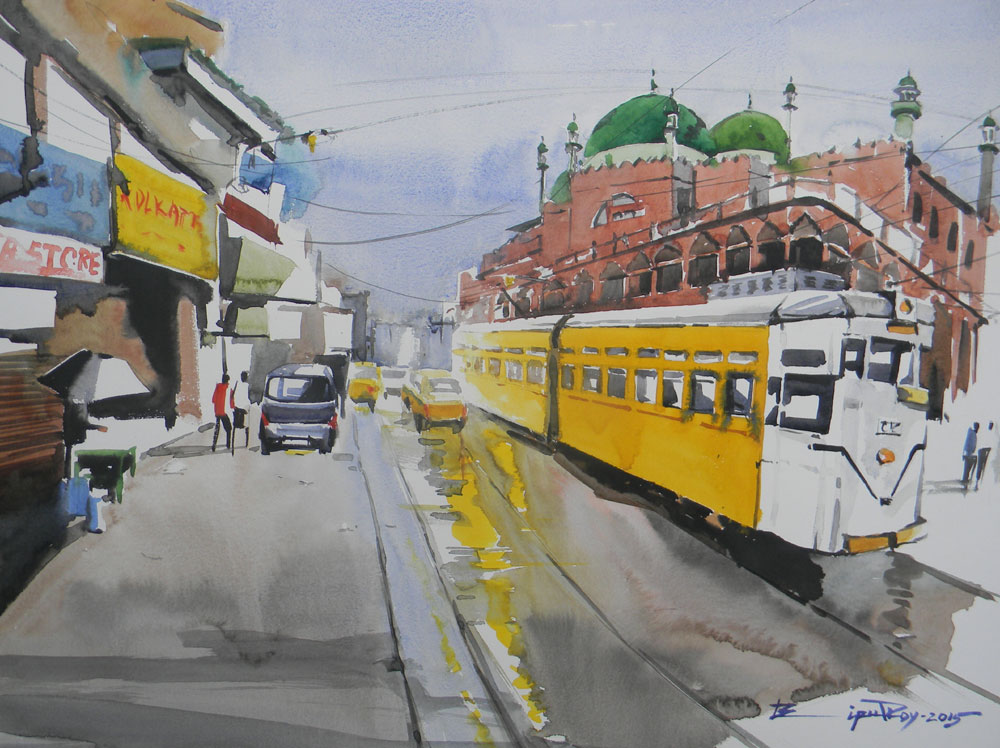 Painting of Kolkata tram with watercolour on paper