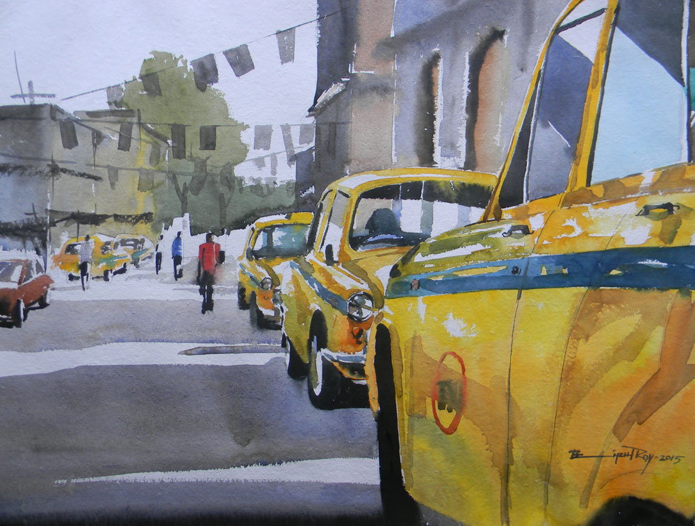 Painting of Kolkata road with watercolour on paper