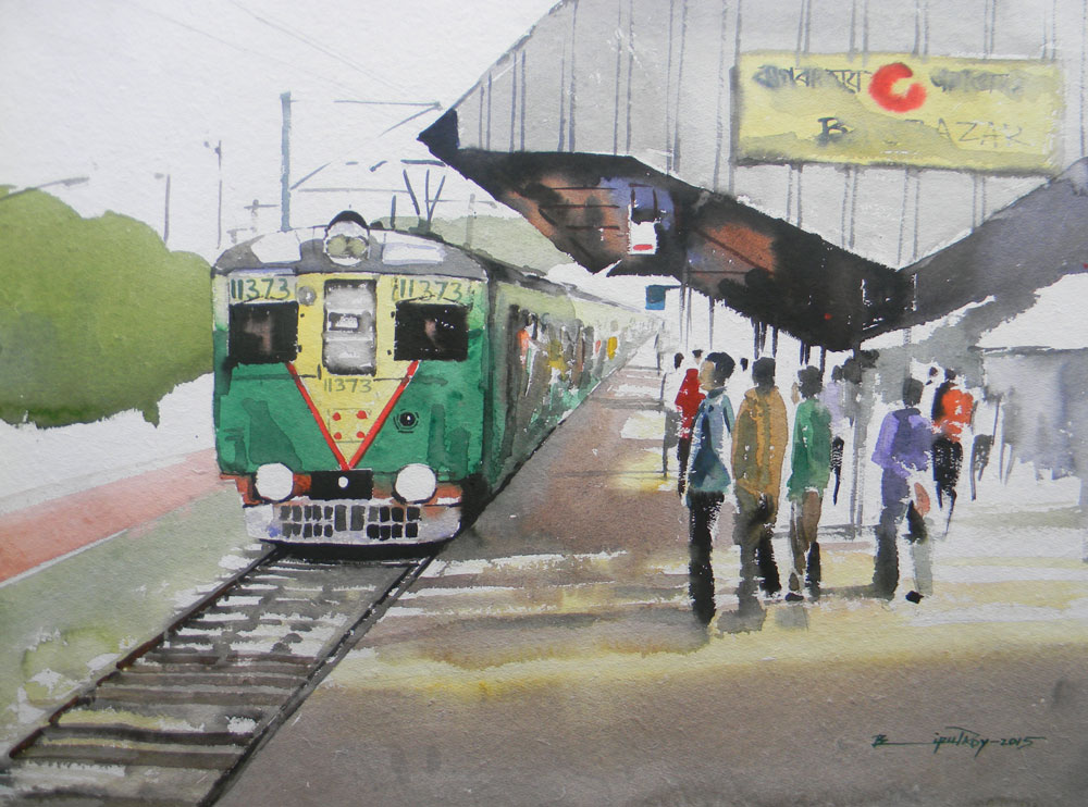 Painting of Kolkata train with watercolour on paper