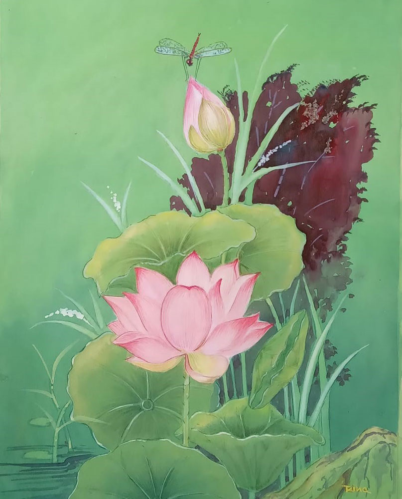 Painting of lotus with watercolour on paper