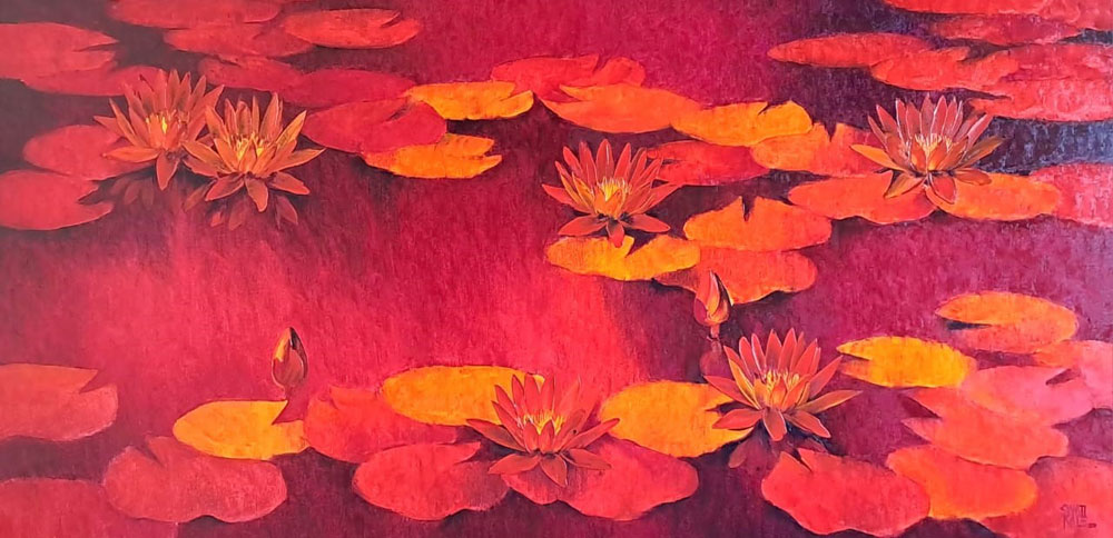 Painting of flowers with oil on canvas