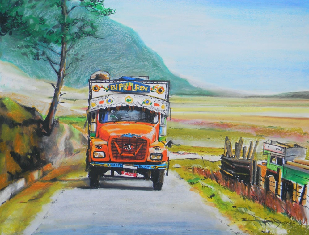 Painting of a truck with oil pastel on paper