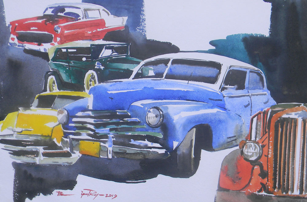 Painting of cars on paper