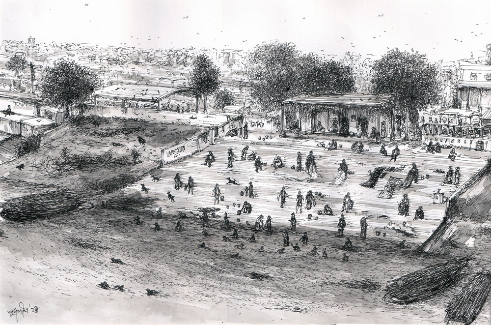 Painting of Kolkata with pen and ink on paper