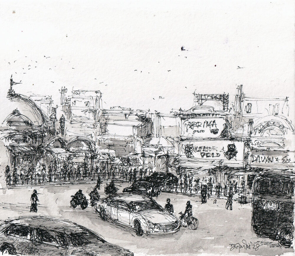 Painting of Kolkata with pen and ink on paper