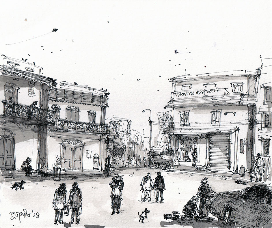 Painting of Kolkata with pen and ink on paper