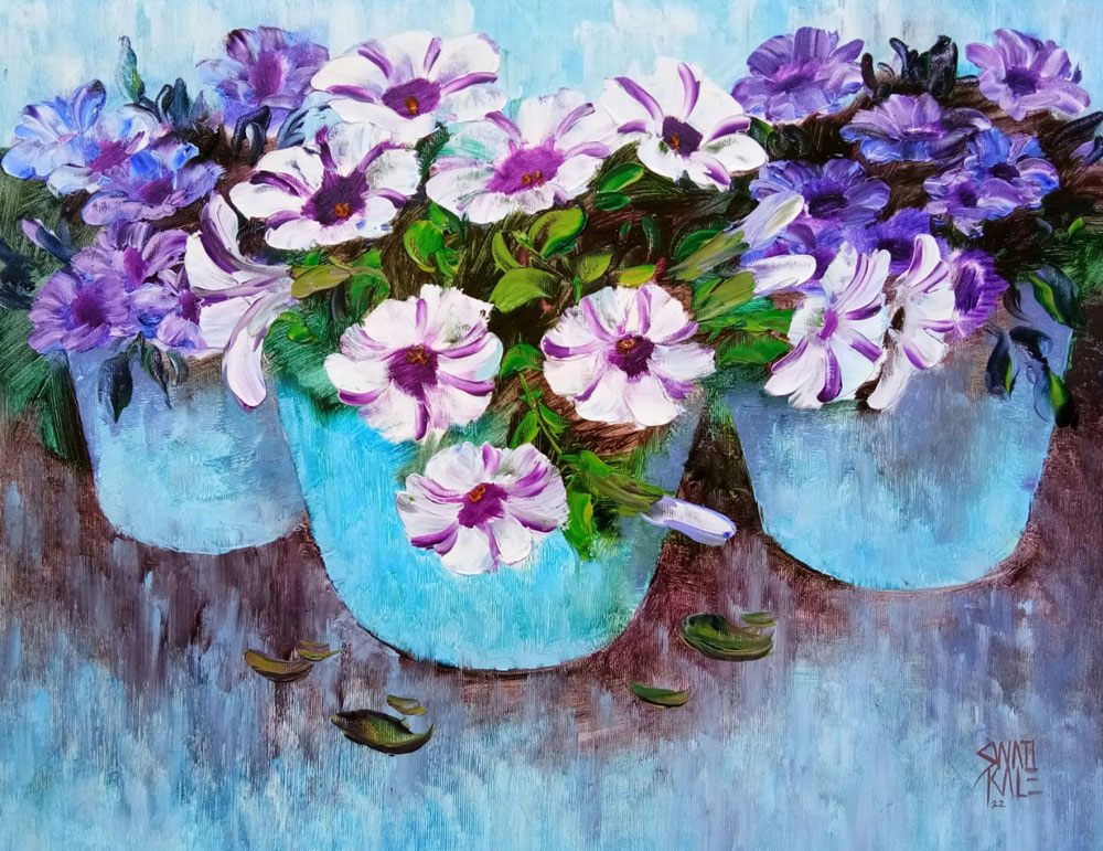 Painting of flowers with oil on canvas