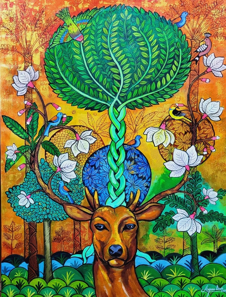 Painting of flora and fauna on canvas