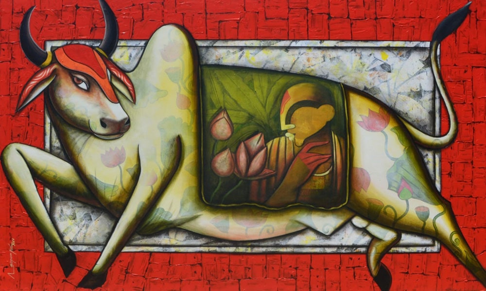 Painting of bull on canvas