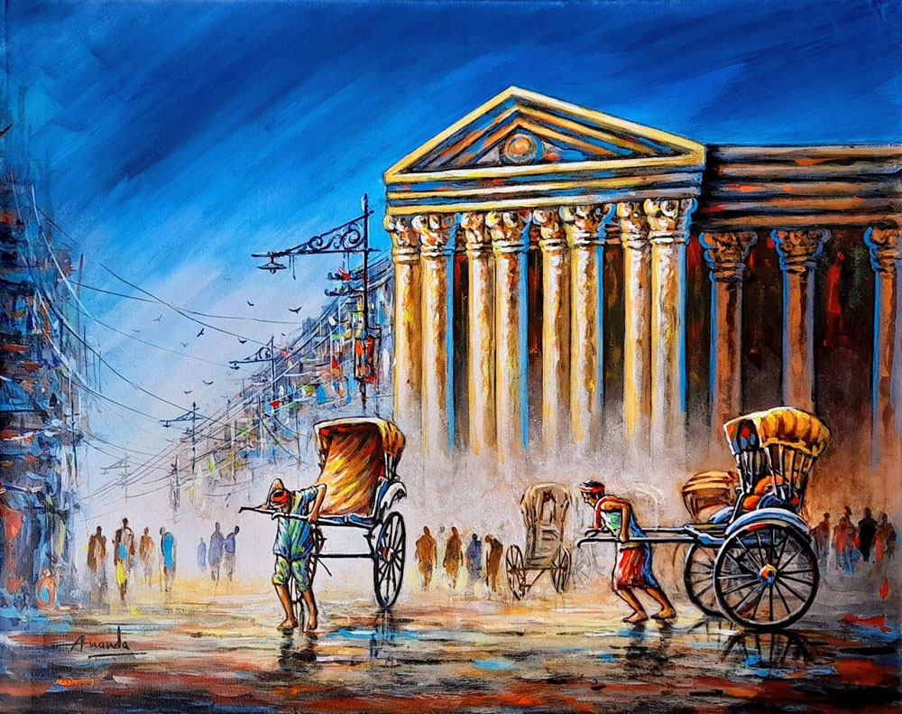 Kolkata cityscape rickshaw on canvas
