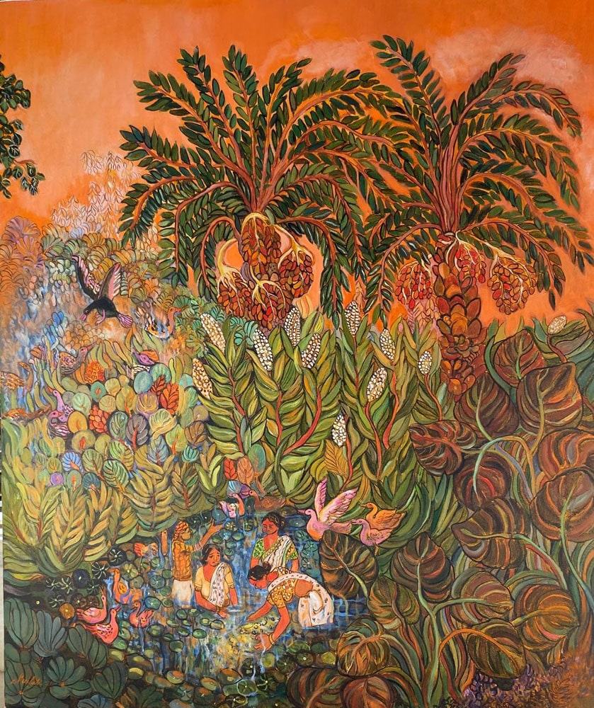 People amongst flora and fauna on canvas