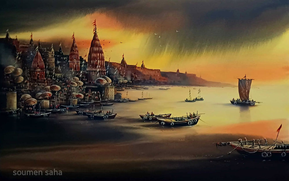 Painting of Benaras ghat on canvas