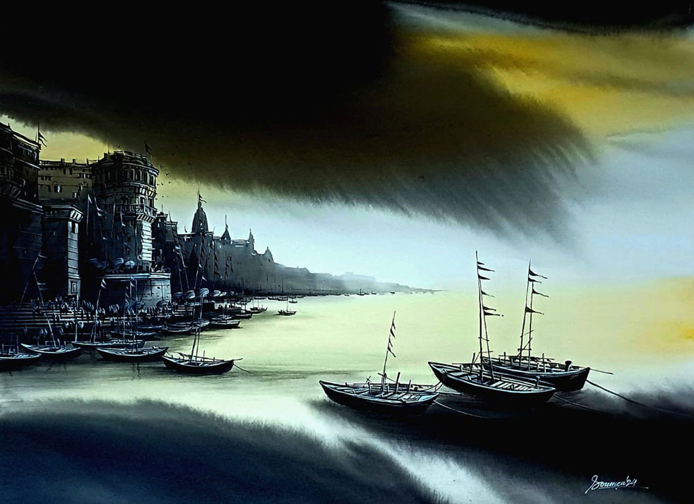 Painting of Benaras ghat on canvas
