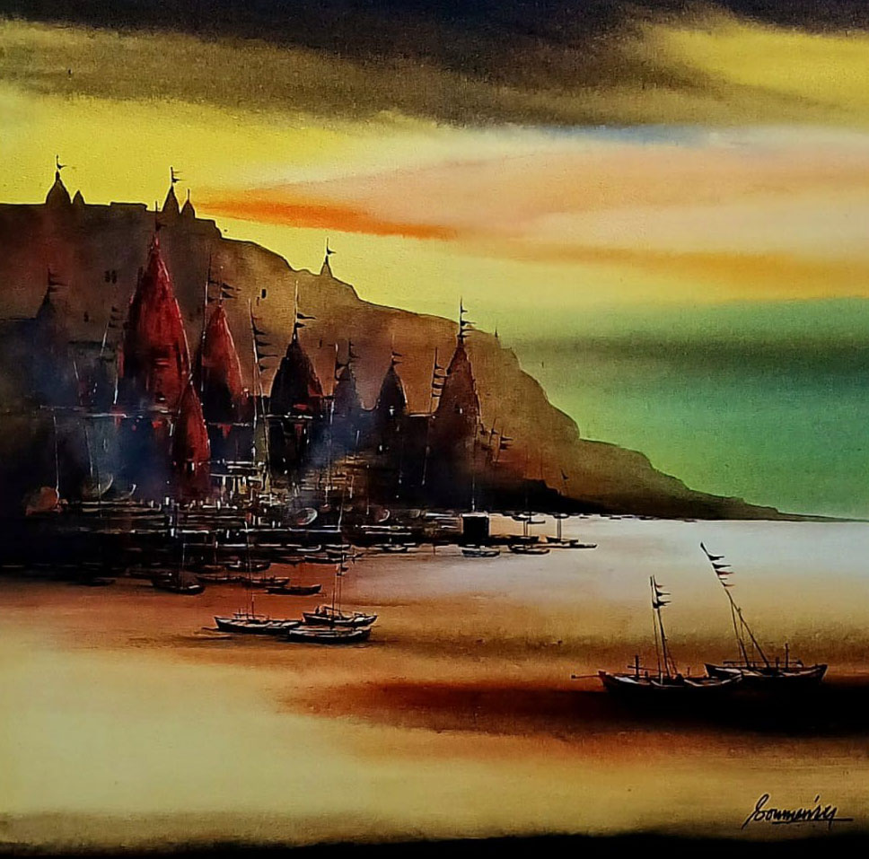 Painting of Benaras ghat on canvas