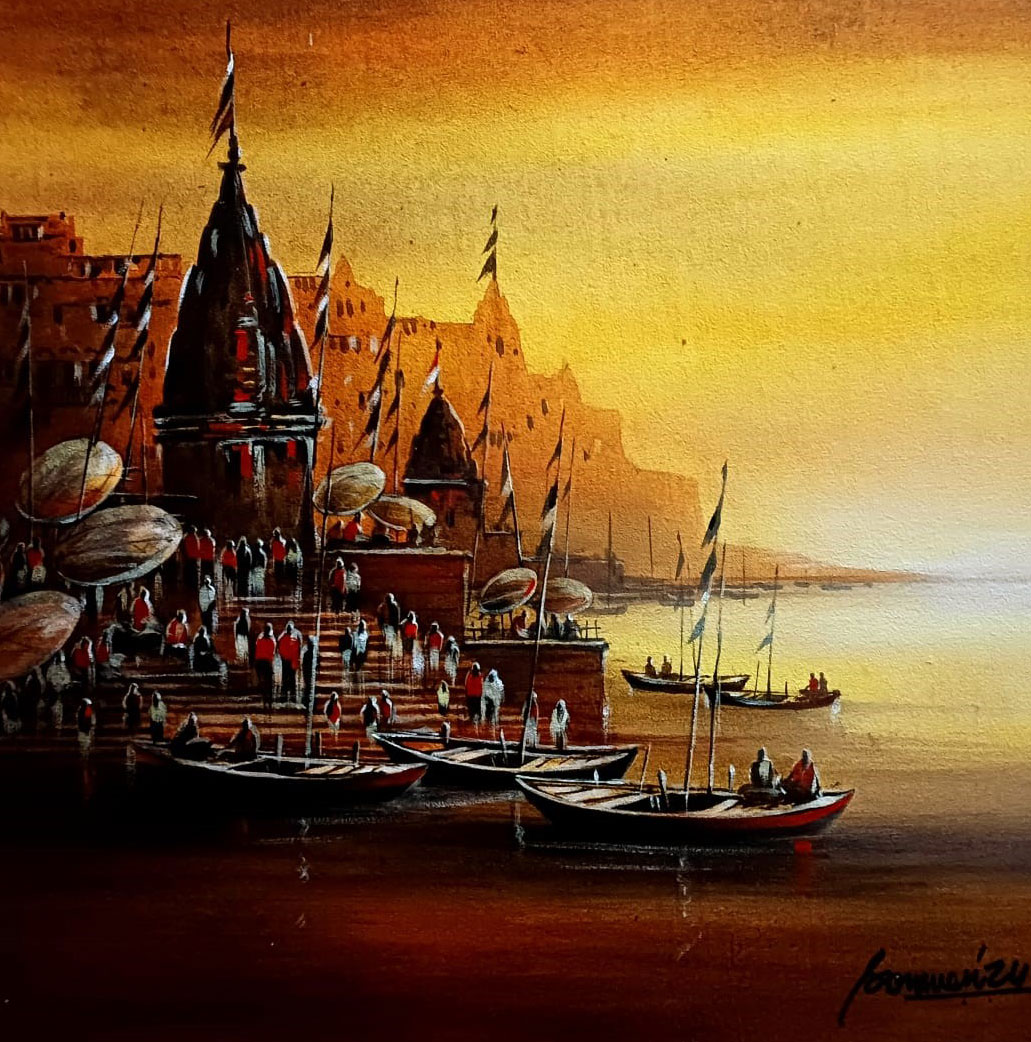Painting of Benaras ghat on canvas