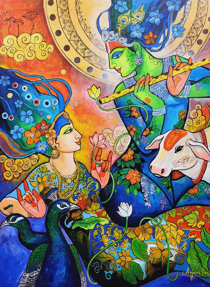 Painting of Radha and Krishna with acrylic on canvas