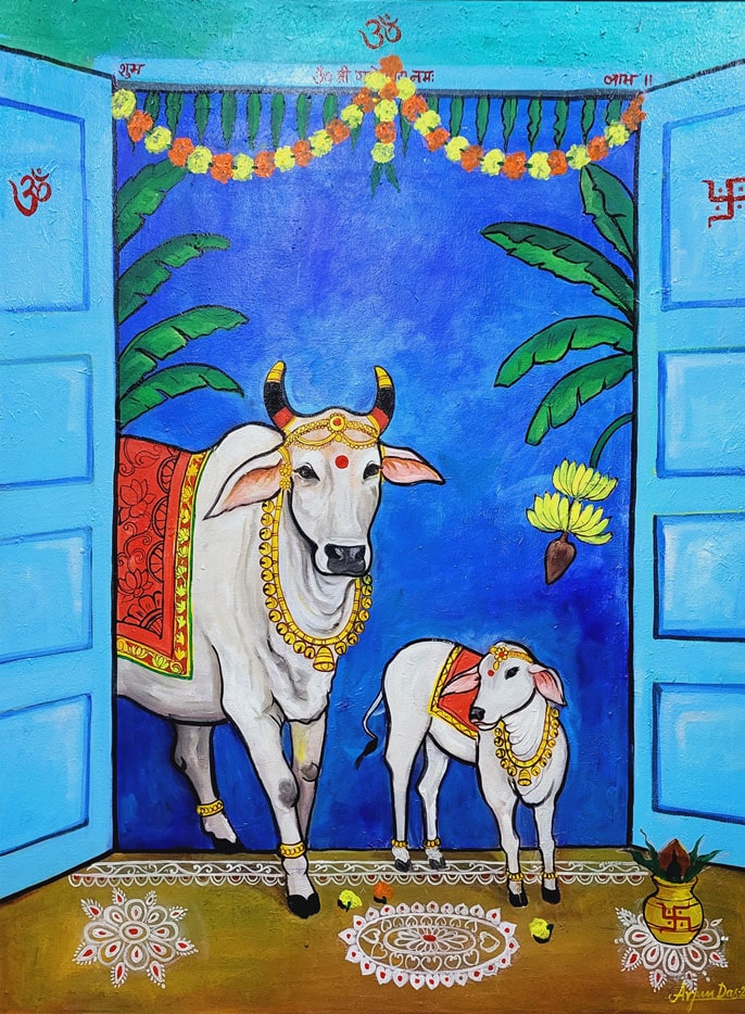 Painting of Kamdhenu with acrylic on canvas