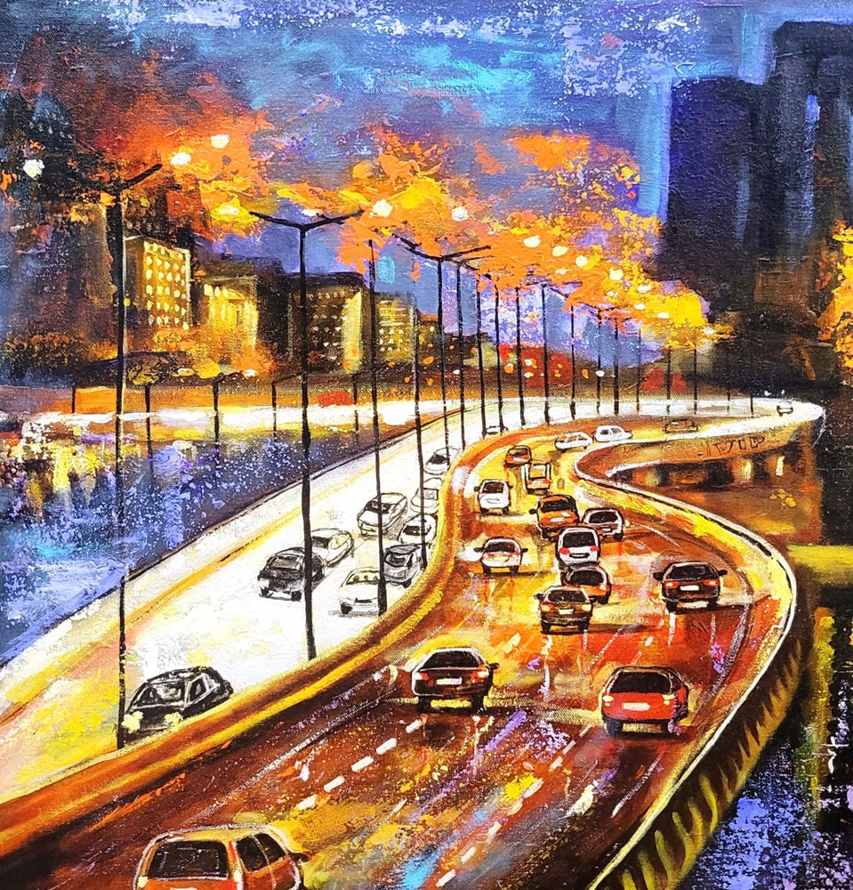Painting of a rainy day in city with acrylic on canvas