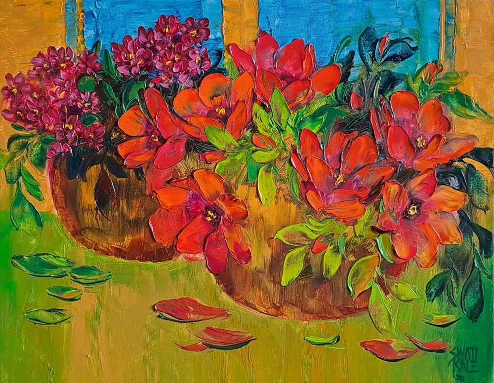 Painting with oil on flowers on canvas