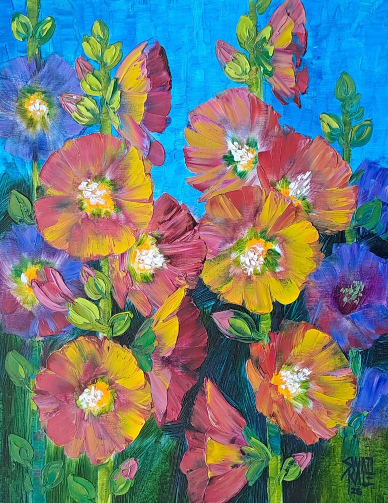 Painting with oil on flowers on canvas