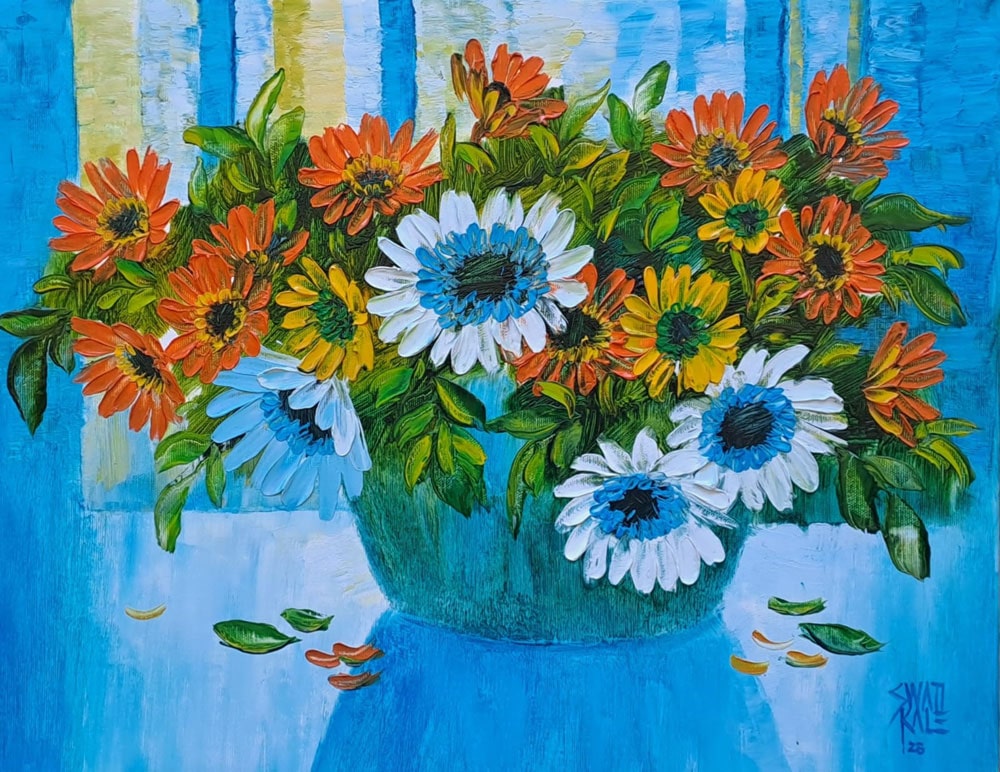 Painting of flowers with oil on canvas
