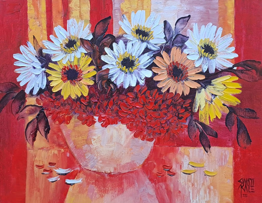 Painting of flowers with oil on canvas
