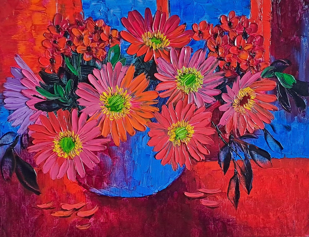 Painting of flowers with oil on canvas