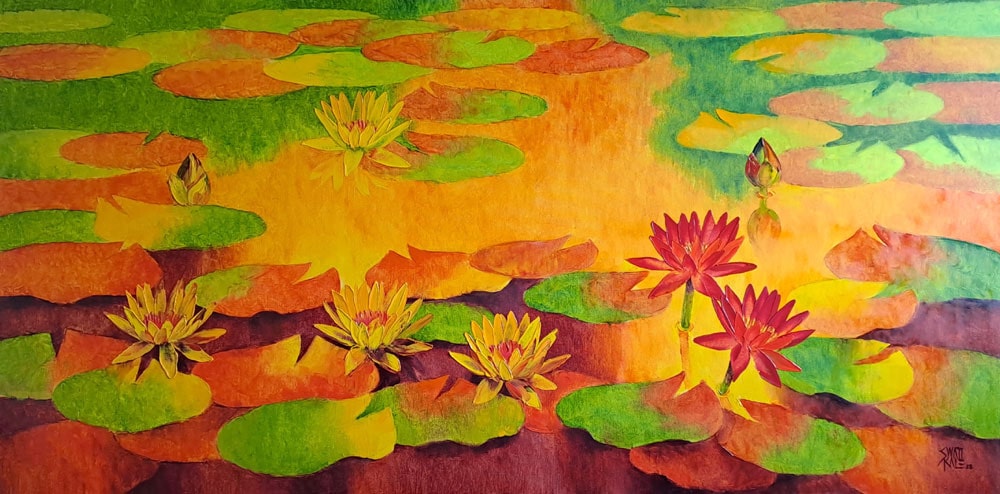 Painting with oil on flowers on canvas