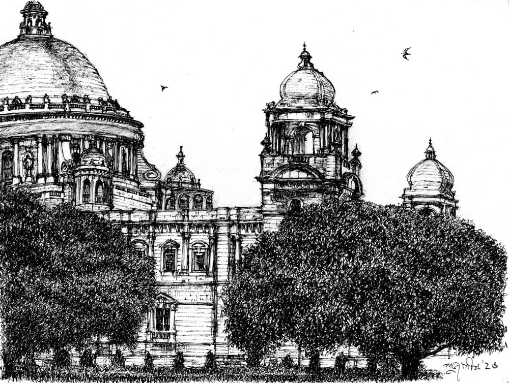 Live study of Victoria Memorial with pen and ink on paper