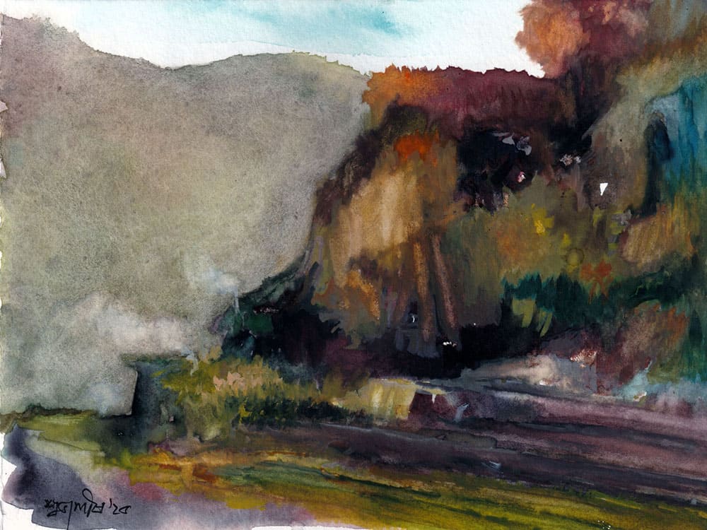 Painting of abstract landscape on paper