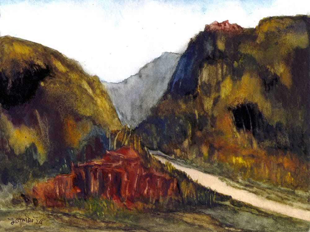 Painting of abstract landscape on paper