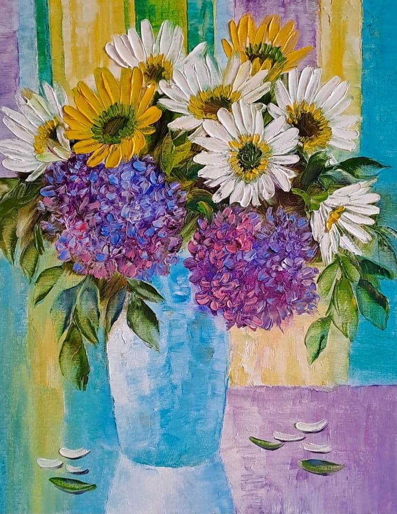 Painting of flowers with oil on canvas