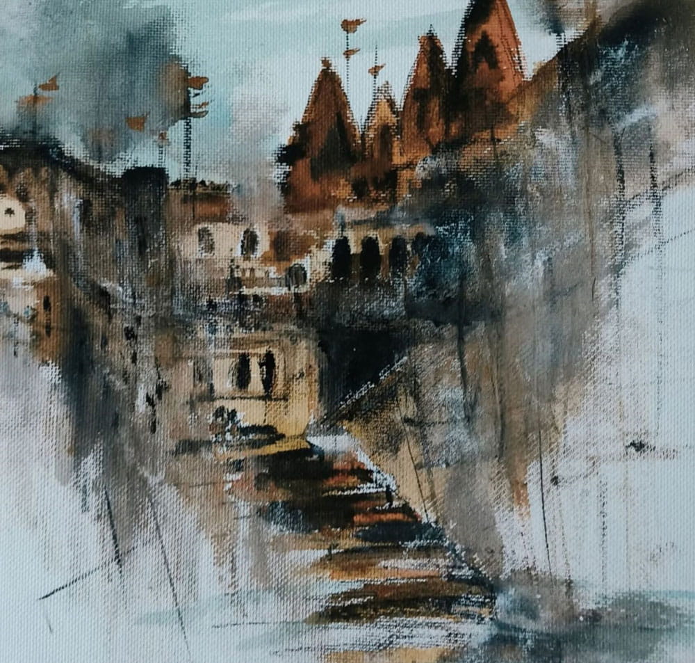 Painting of abstract landscape on paper