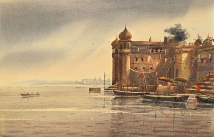 Painting of Benaras with watercolour on paper