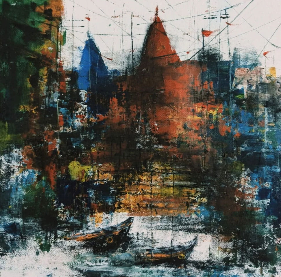 Painting of abstract Benaras with acrylic on paper
