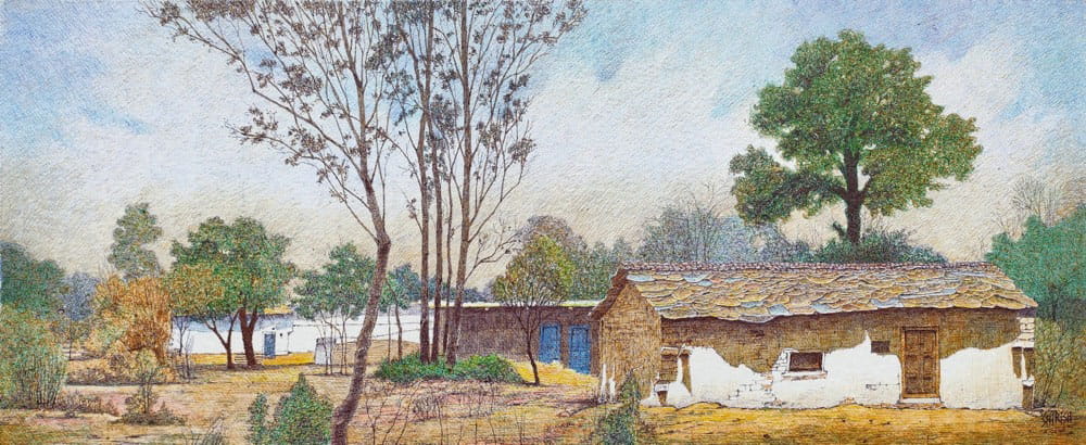 Painting of landscape with ball point pens on paper