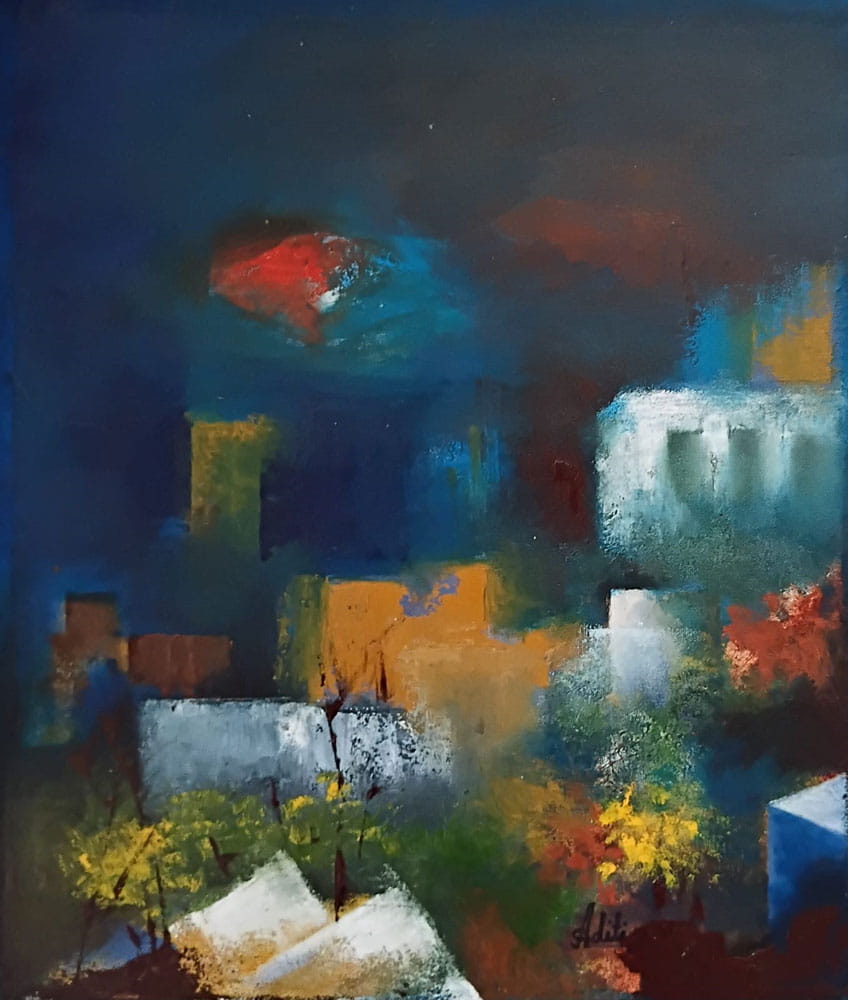Painting of abstract theme with oil on canvas